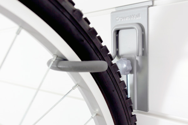 Locking Bike Hook. BIKEHK-L. Make the most of your walls! This hook brings a quick and convenient storage option for your bicycle by mounting the bike vertically from it's front wheel. Usable with all types of bicycles.