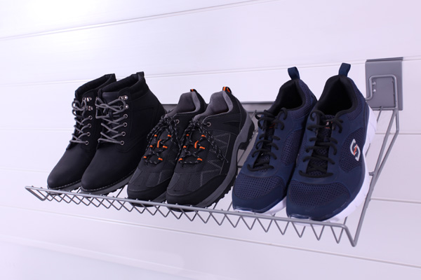 30" x 13.5" Wire Shoe Rack. WSSHOE. 30 Degree angled slope prominently displays stored goods like helmets, hats, books and shoes. The vented design allows drip drying of wet or muddy footwear for ultimate shoe storage. This shelf can fit up to 3 pairs of shoes or boots.