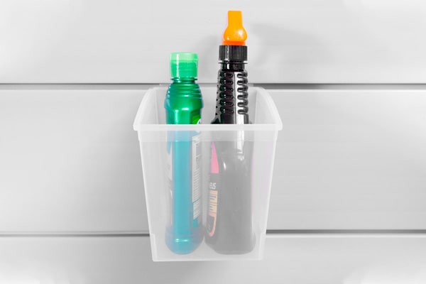 Medium Plastic Bin. CWBM. Handy for storing a variety of small to medium size items such as spray cans, cleaners, caulking, loose cables, gardening or craft supplies.